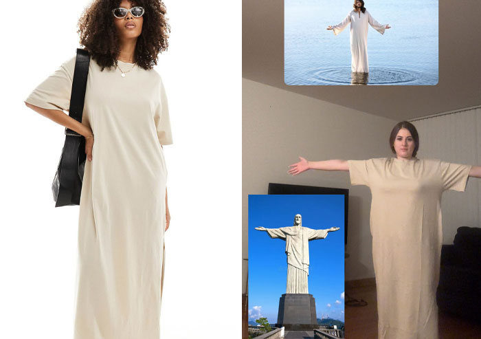 Стройная девушка в бежевом платье vs женщина в огромном платье