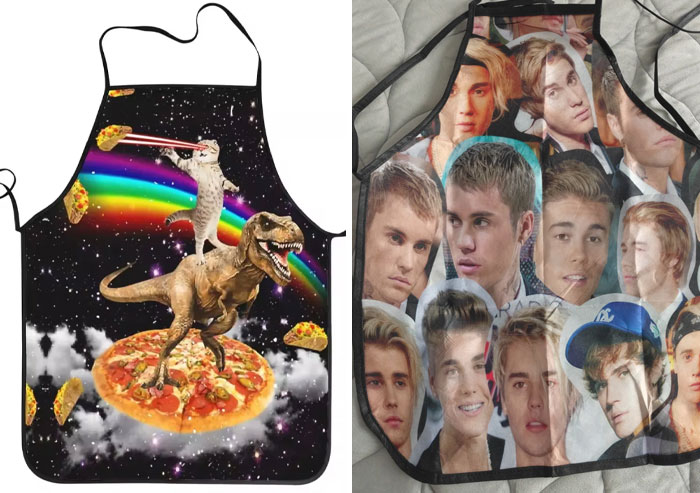 Фартук с котом-динозавром vs фартук с лицами Джастина Бибера
