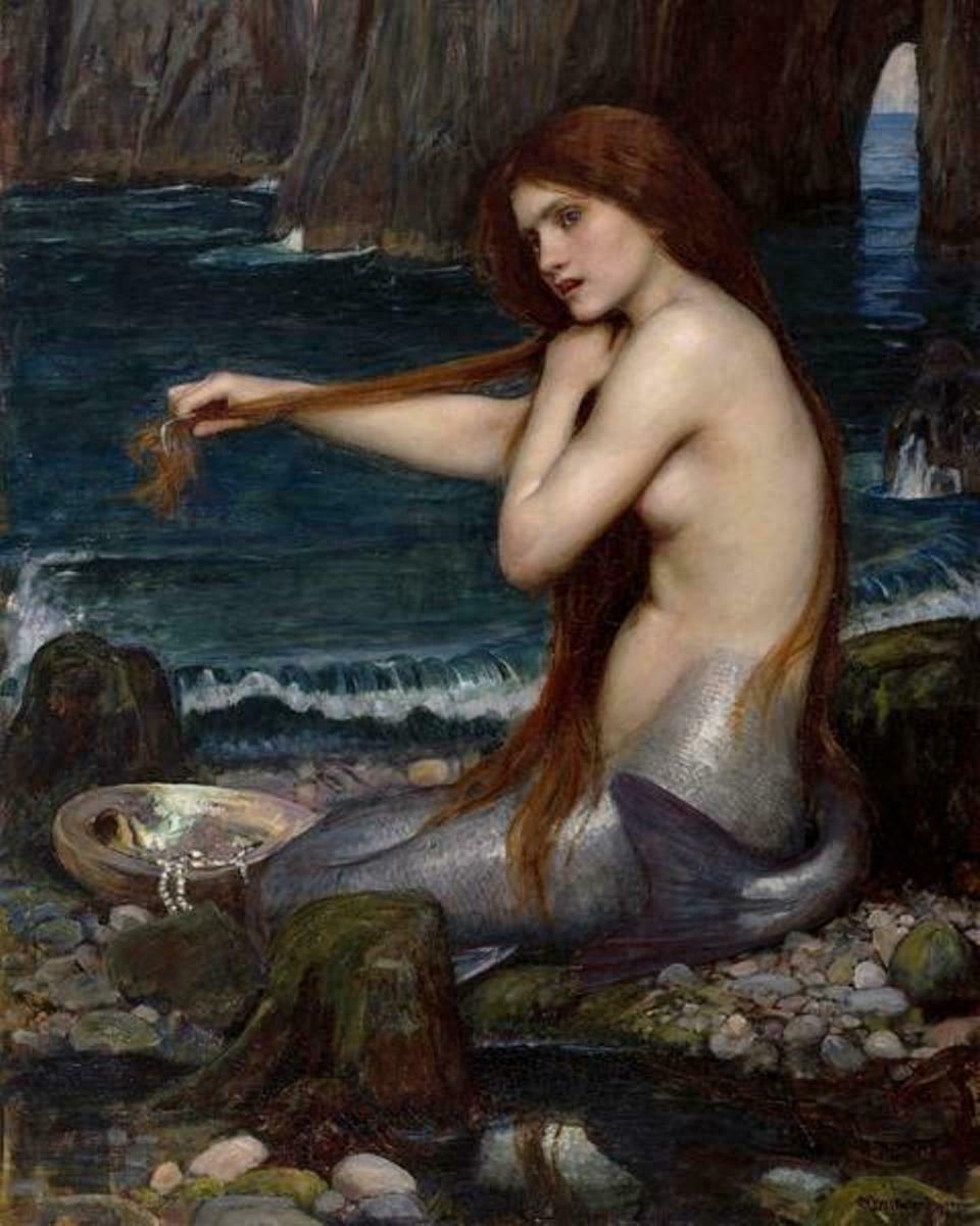 Картина Русалка Джона Уильяма Уотерхауса 1900 года — девушка с рыбьим хвостом расчёсывает волосы