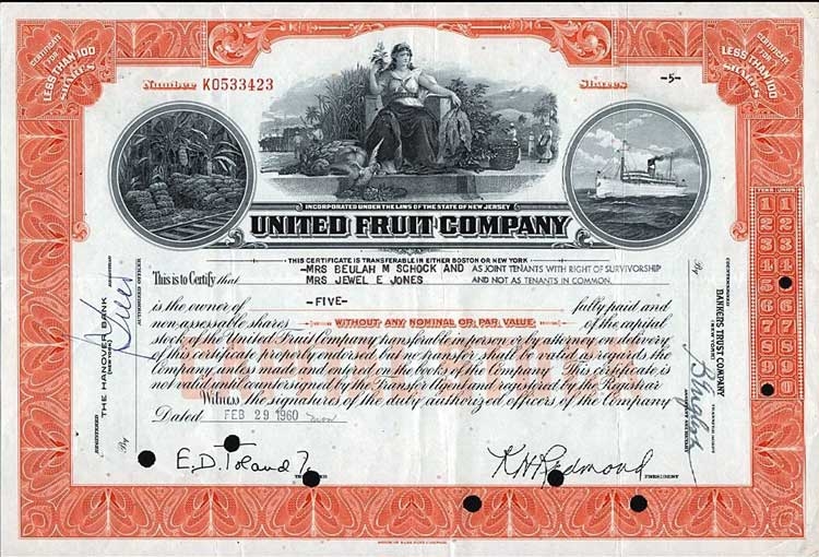 Акция United Fruit Company, 1960 год. К тому времени компания контролировала экономику нескольких стран