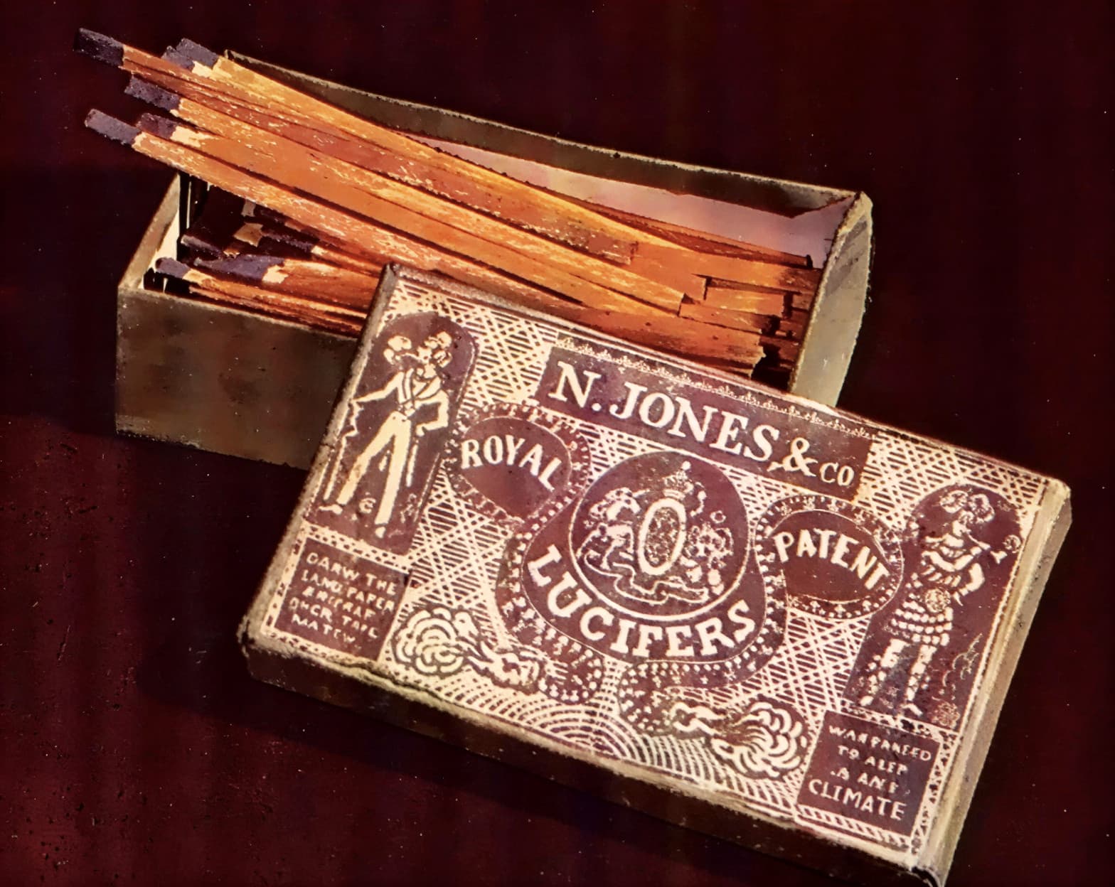 Старинные спички люциферы жестяная коробочка XIX век Англия реклама 1840-е