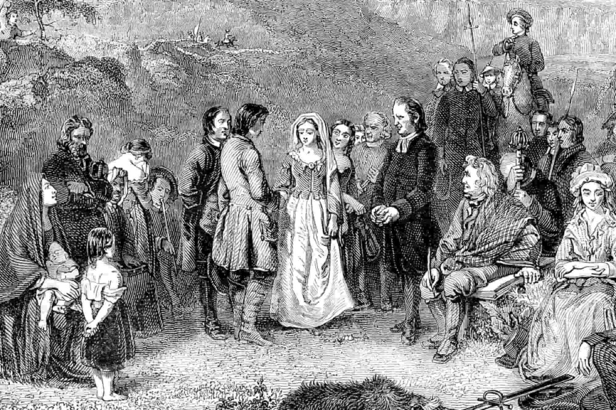 Пуританская свадьба гравюра XIX века колониальная Америка