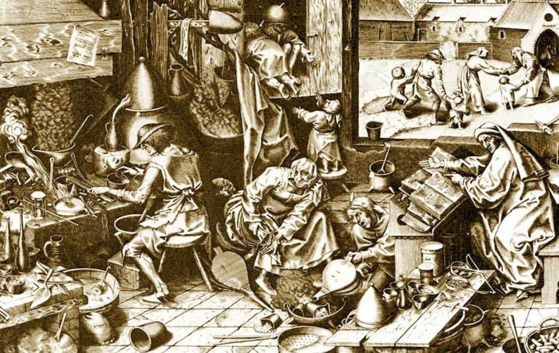 Алхимик за работой. Гравюра Питера Брейгеля Старшего, XVI век