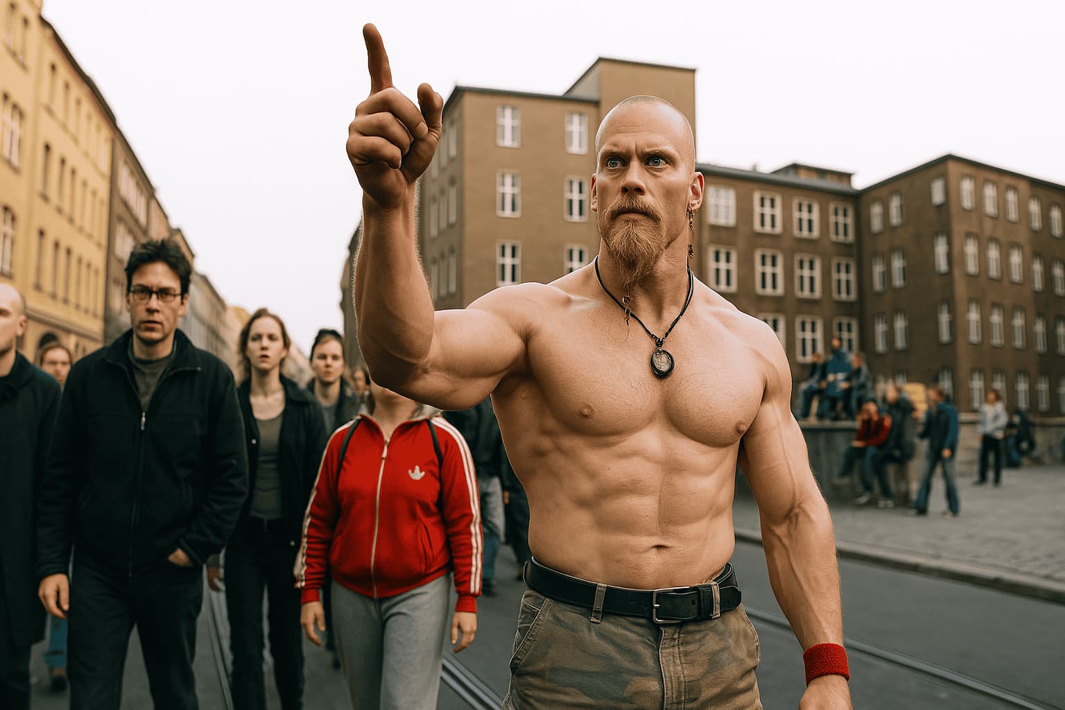 Техновикинг ведет за собой толпу на берлинской улице, кадр из культового видео 2000 года