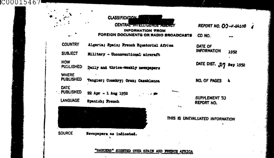 Рассекреченный документ ЦРУ с чёрными полосами цензуры, скрывающими секретные данные