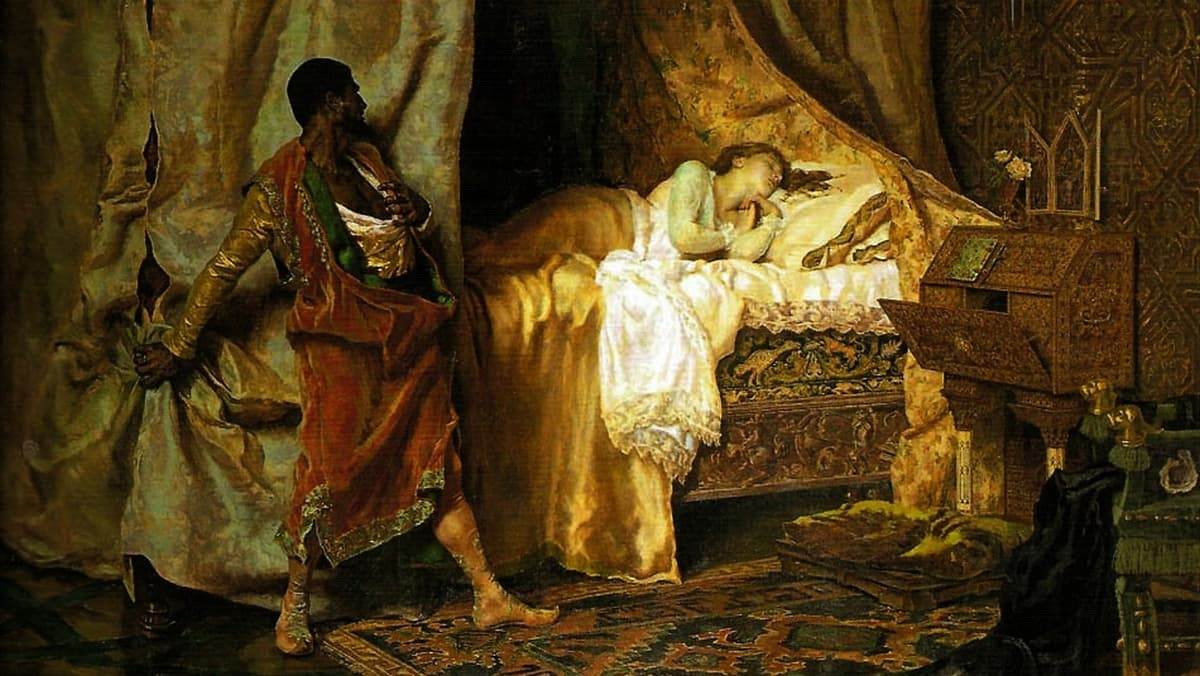 Картина Антонио Муньоса Дегрейна: Отелло и Дездемона на фоне венецианского интерьера