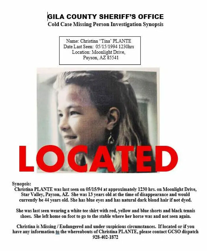 Пресс-релиз управления шерифа округа Хила об обнаружении Кристины Планте, апрель 2026