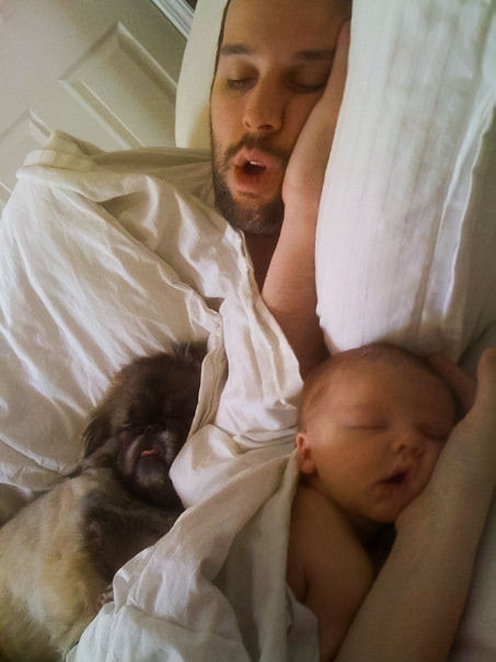 Бородатый мужчина спит в кровати с малышом и собакой