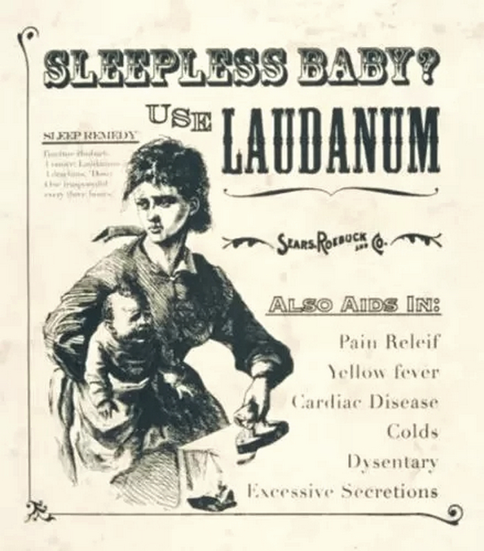 Викторианская реклама лауданума для детей, не спит ребёнок