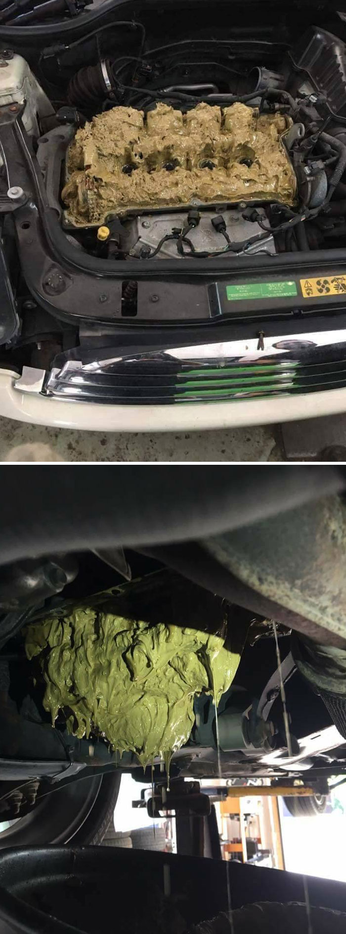 Двигатель авто покрыт густой бежевой жижей сверху и снизу