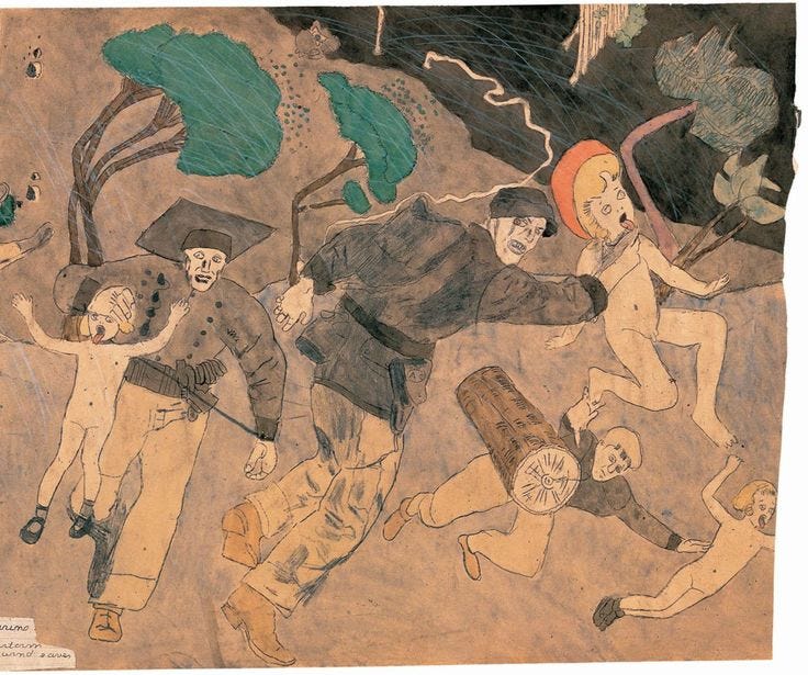 Иллюстрации Дарджера нередко изображают сцены насилия &mdash; жестокость Гланделинии над детьми-рабами