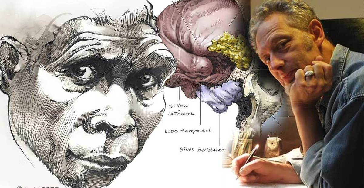 Художник-иллюстратор Оливье-Марк Надель за работой над научной реконструкцией облика древнего человека