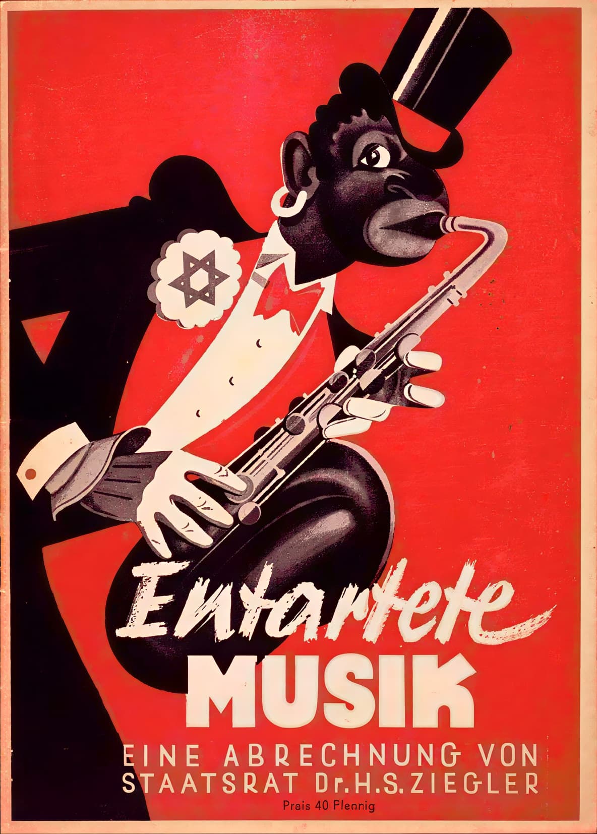 Плакат выставки &laquo;Дегенеративная музыка&raquo; с карикатурой на чернокожего джазмена со звездой Давида