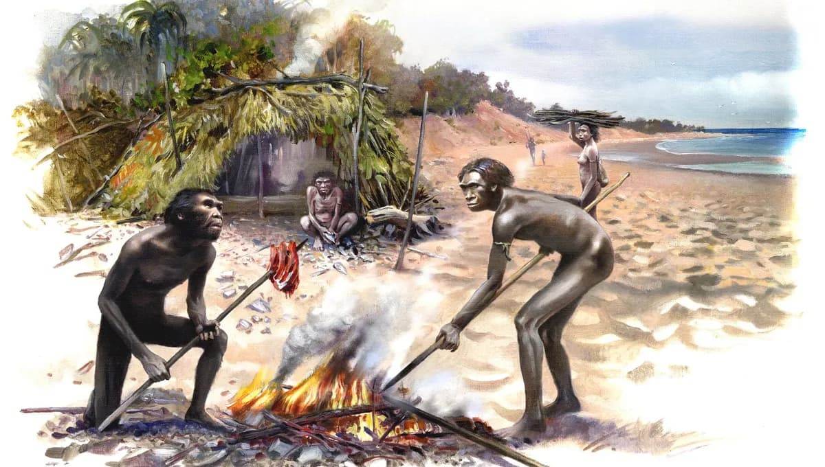 Homo erectus сидят вокруг костра &mdash; научная иллюстрация Оливье-Марка Наделя