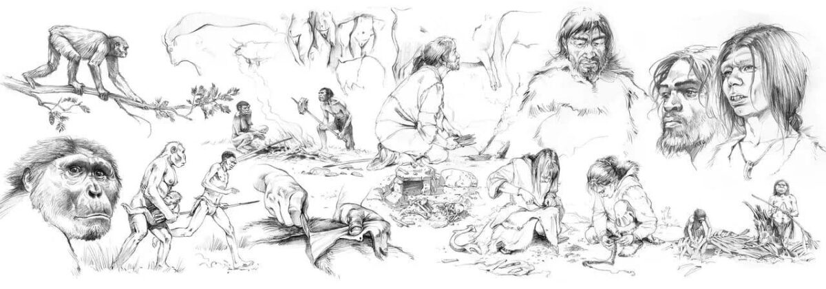 Семья древних людей &mdash; палеоантропологическая иллюстрация, реконструкция семейной сцены палеолита