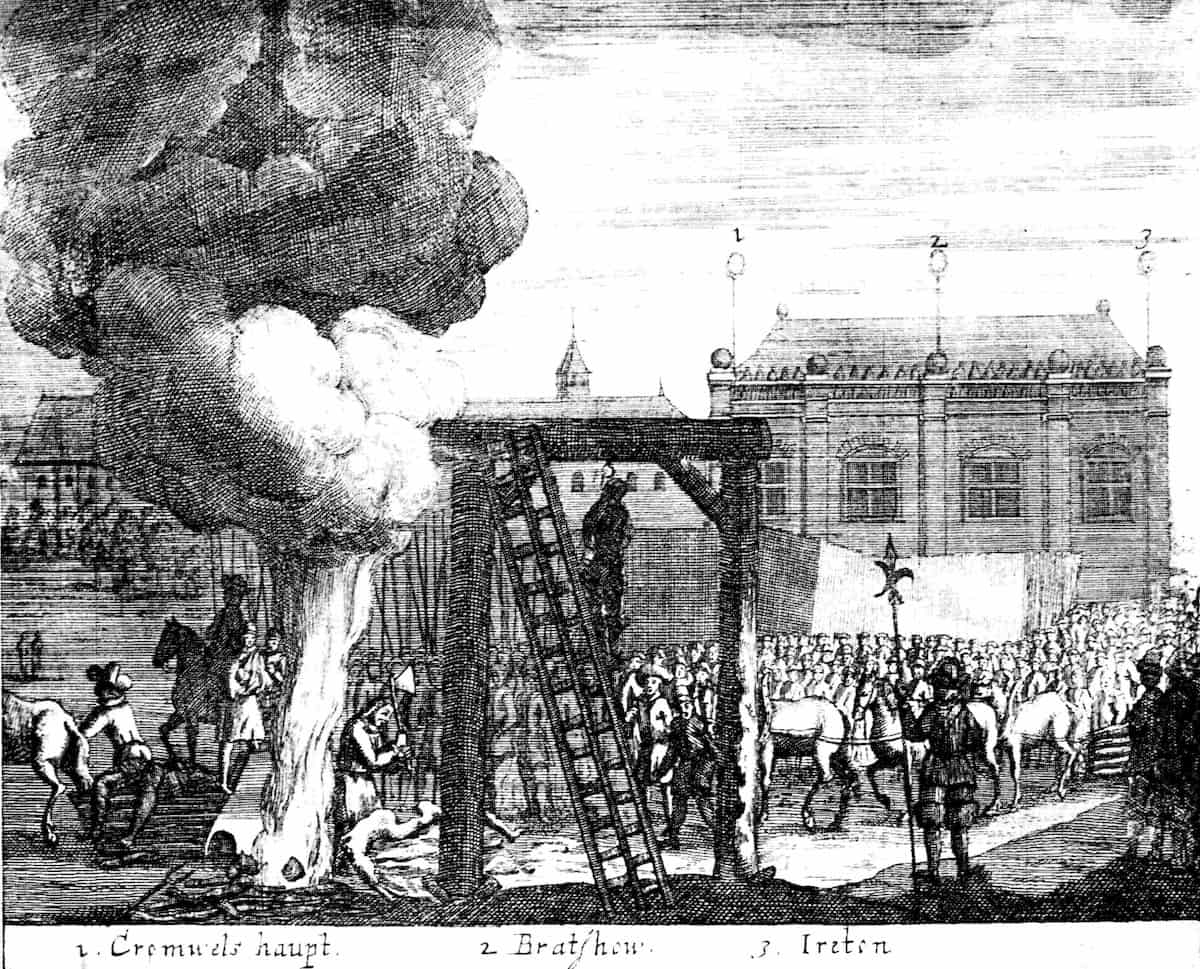 Гравюра XVII века: виселица в Тайберне и Вестминстерский дворец с головами на пиках