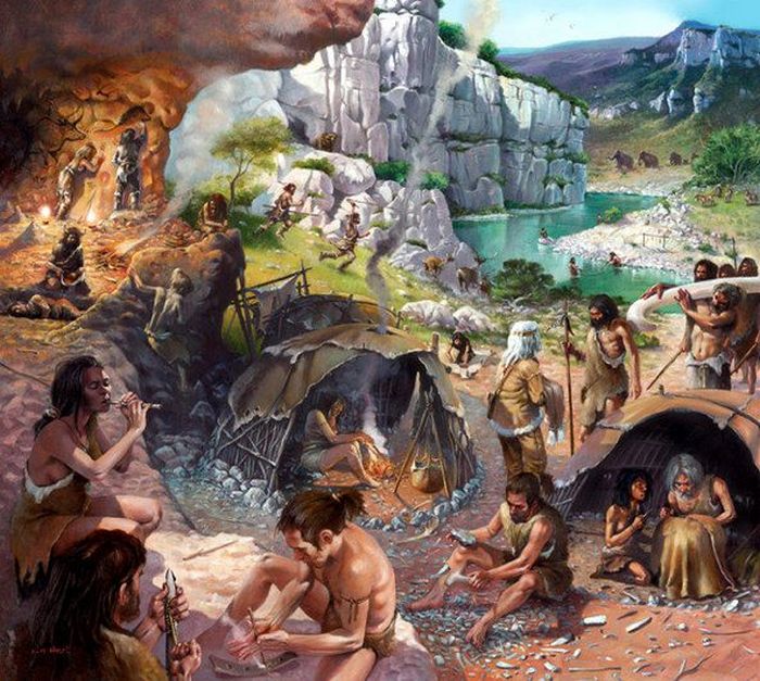 Группа первобытных людей &mdash; палеоантропологическая иллюстрация Наделя