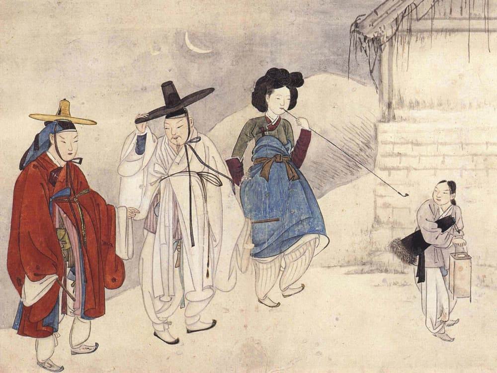 Ночная прогулка. Кисэн с клиентами и слугой. Художник Син Юн Бок. XVIII век