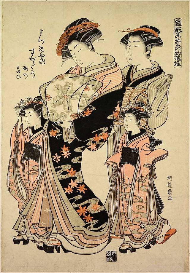 Ойран Сугатано с камуро &mdash; гравюра Исода Корюсай XVIII века