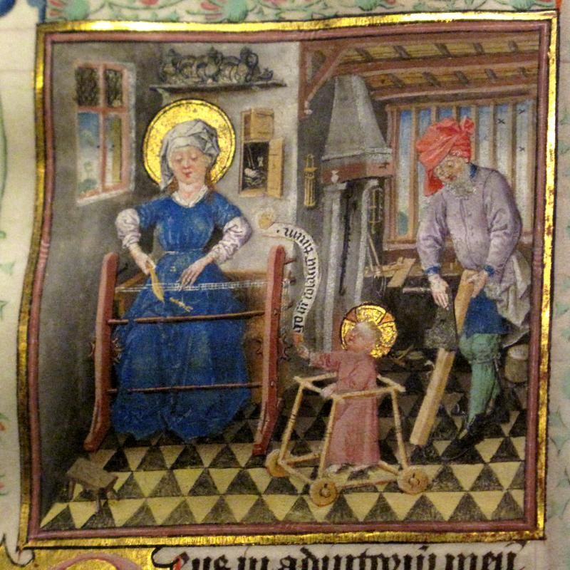 сцена &laquo;Святое семейство за работой&raquo; из Часослова Екатерины Клевской, созданная около 1440 года