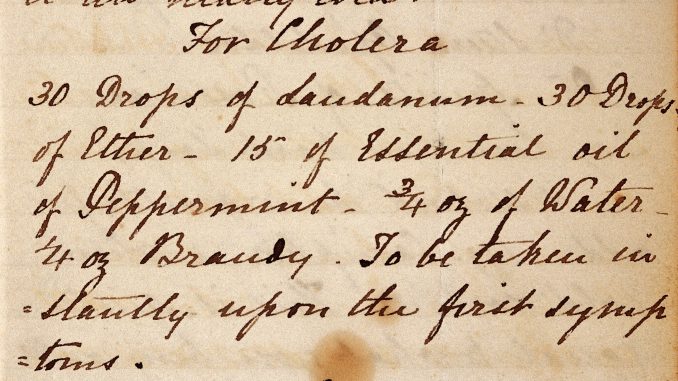 Рецепт с лауданумом от холеры, середина XIX века