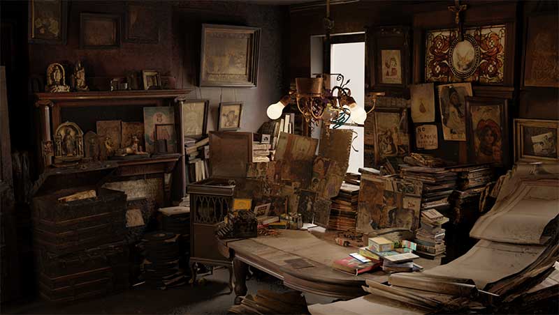 Реконструкция комнаты Дарджера в музее Intuit в Чикаго &mdash; с оригинальной мебелью, клубками верёвок и флаконами Пепто-Бисмол