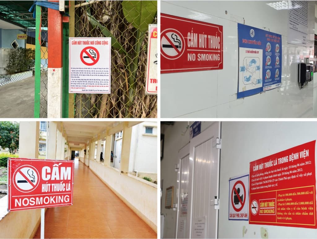 Знак запрета курения у входа в общественно место во Вьетнаме - коллаж