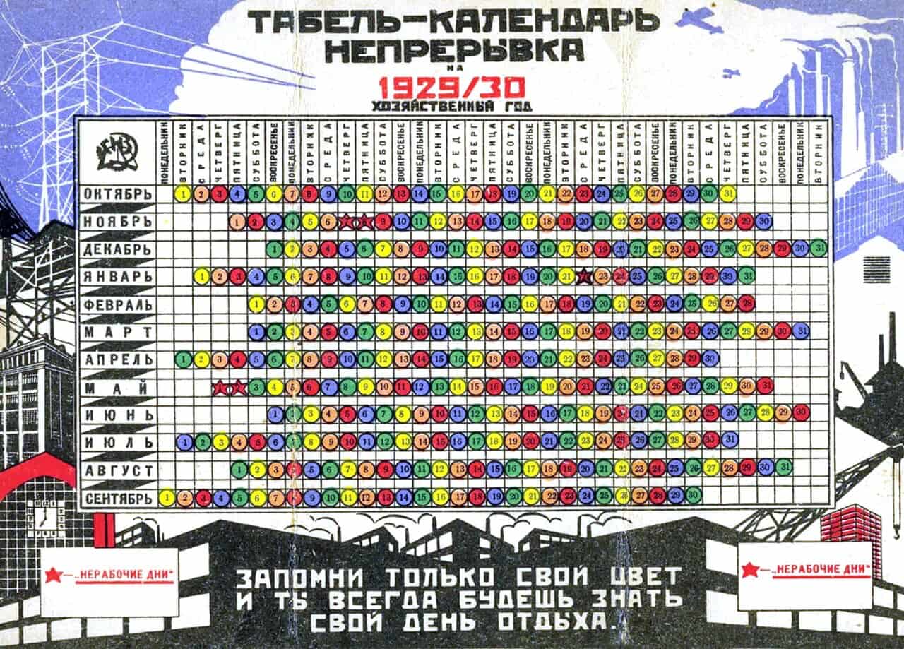 Советский производственный календарь непрерывной недели с цветными группами, 1929 год