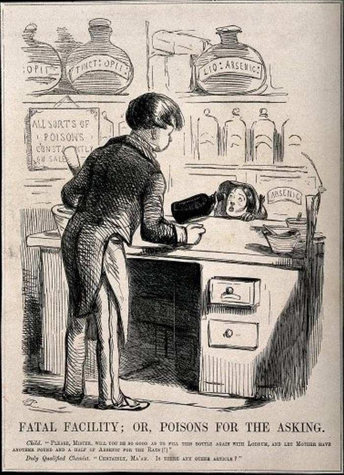 Карикатура Недобросовестный фармацевт продаёт детям яды и лауданум