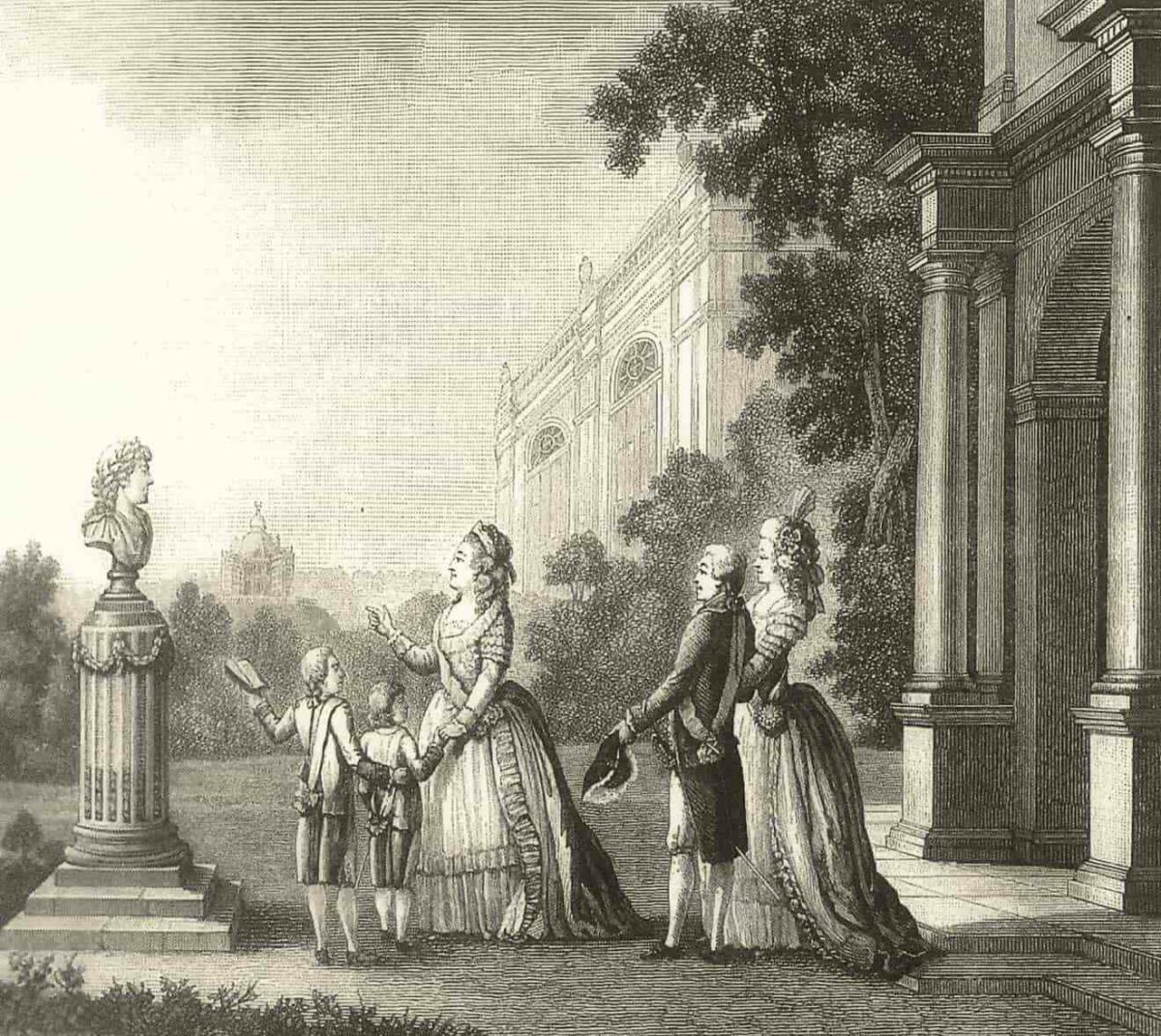 Гравюра: Екатерина II с семьёй в Царском Селе, художник Д. Бергер, 1791 год