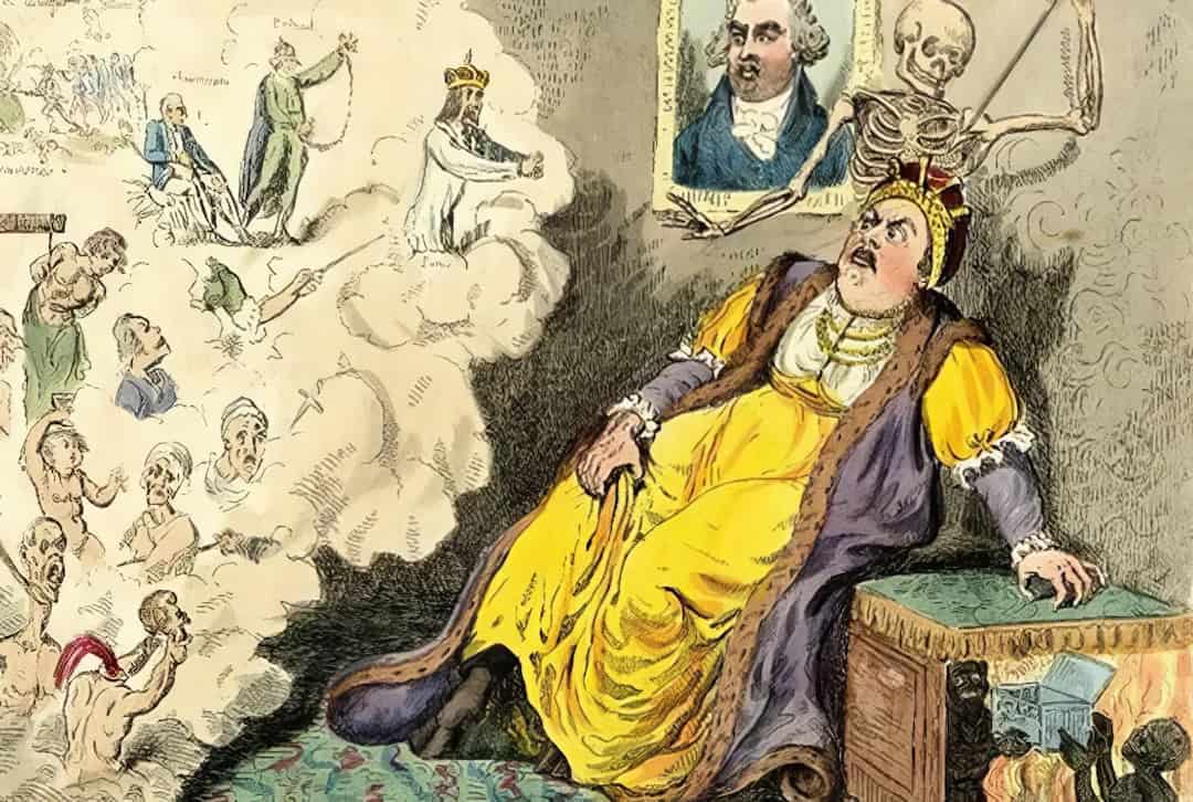 Английская карикатура XVIII века: Смерть спрашивает с Екатерины Второй за её деяния