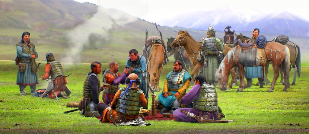 Группа воинов Монгольской империи XIII века на привале в степи