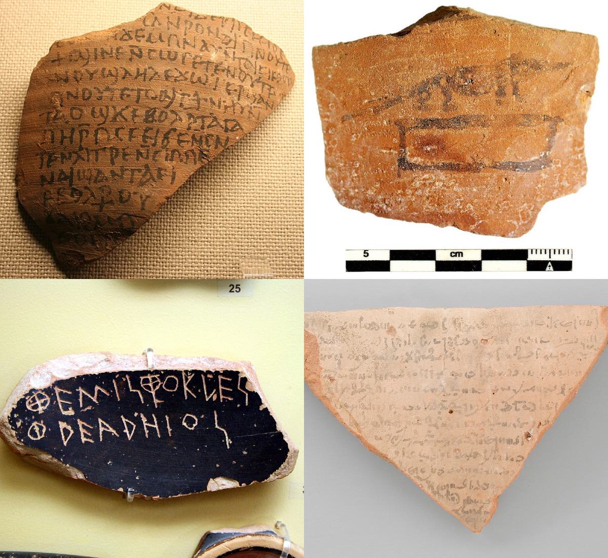 Остраки с разными видами письма — демотическим, греческим, коптским