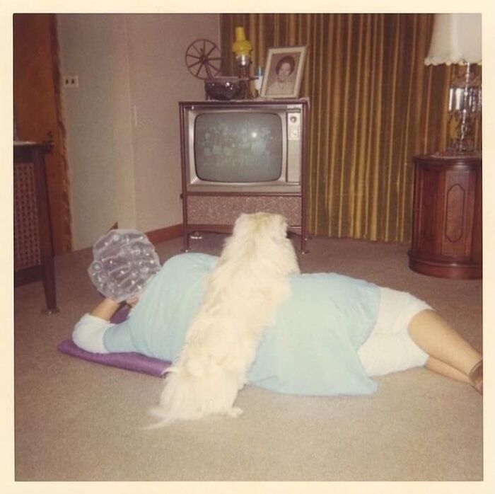 Человек и пёс смотрят телевизор, конец 1960-х