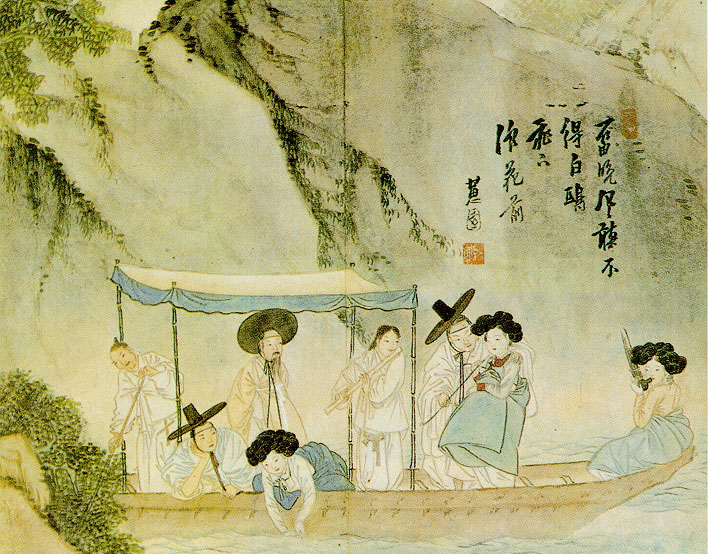 Кисэн прогуливаются в лодке с чиновниками. Рисунок XVIII века