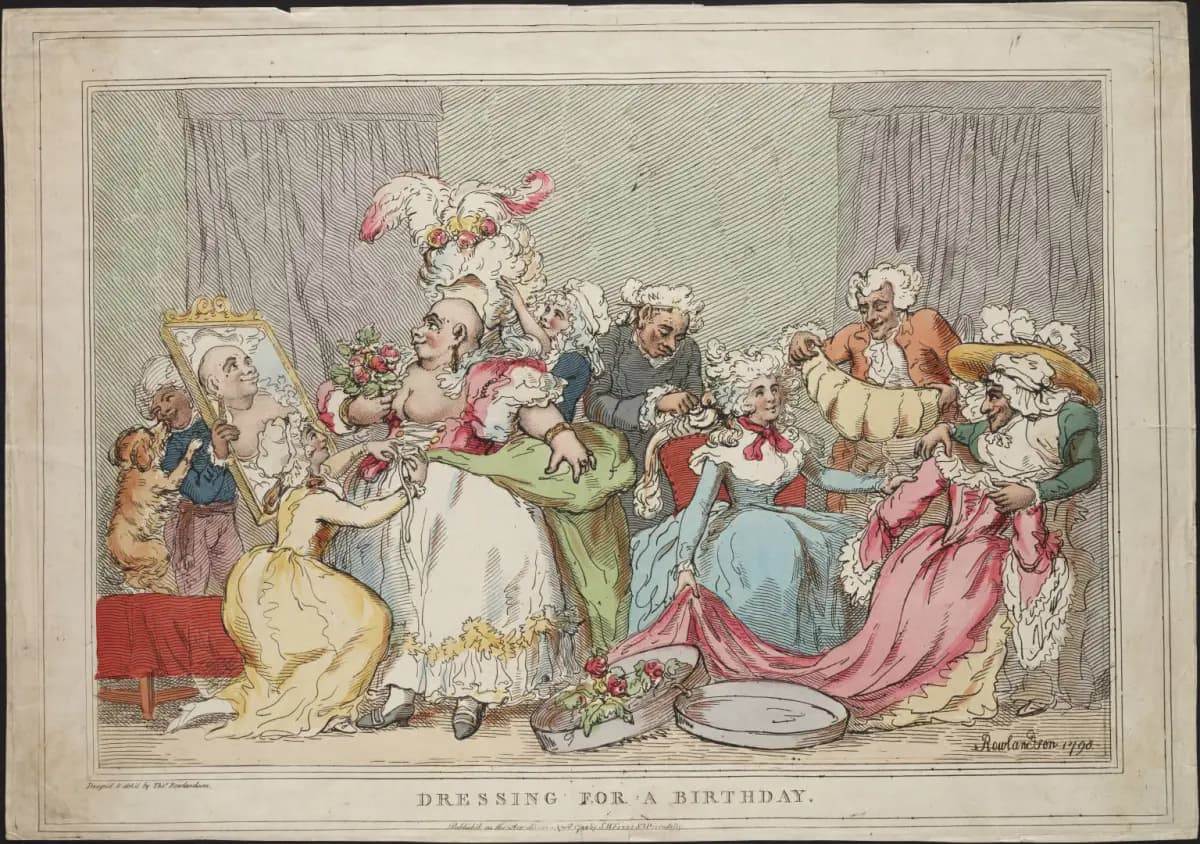 Переодевание к дню рождения гравюра 1798 галантный век
