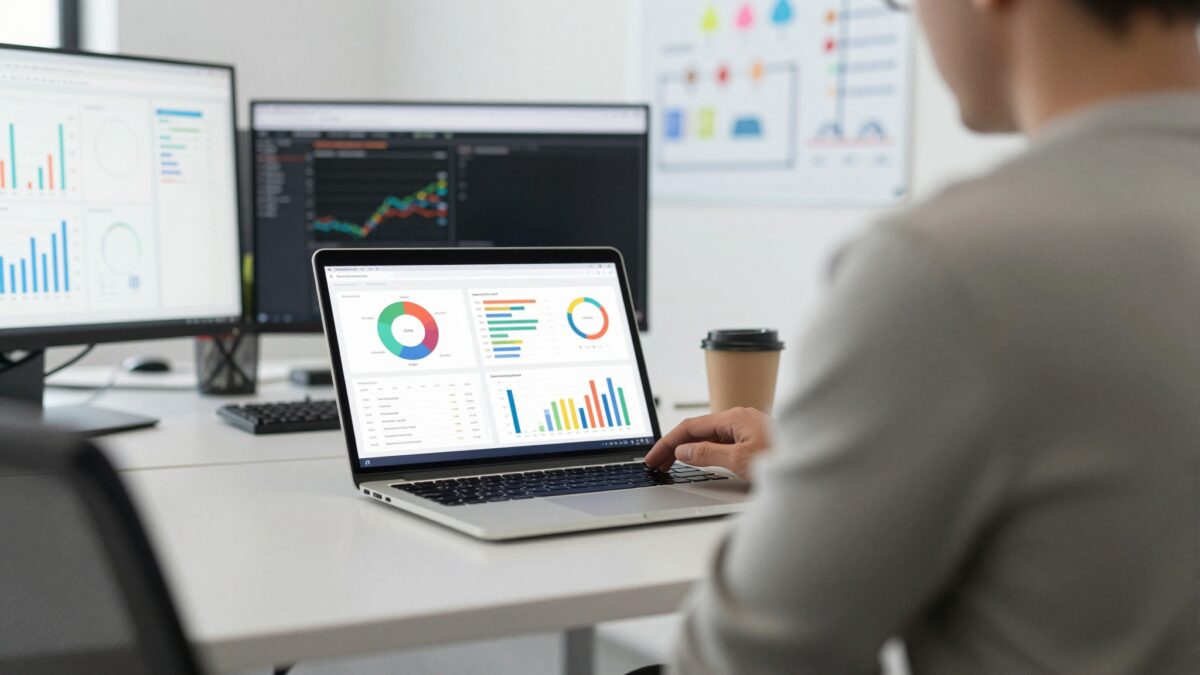 Специалист по SEO анализирует данные аналитики на экранах и планирует стратегию устранения ошибок в продвижении сайта.