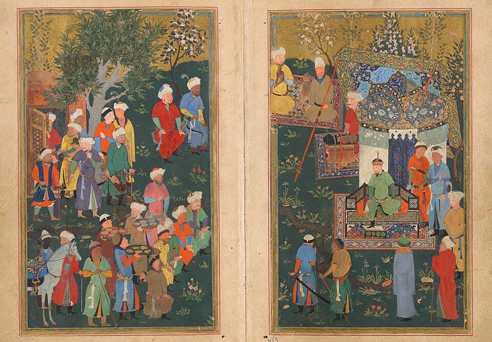 Тимур принимает послов. Миниатюра из рукописи «Зафар-наме», XV век