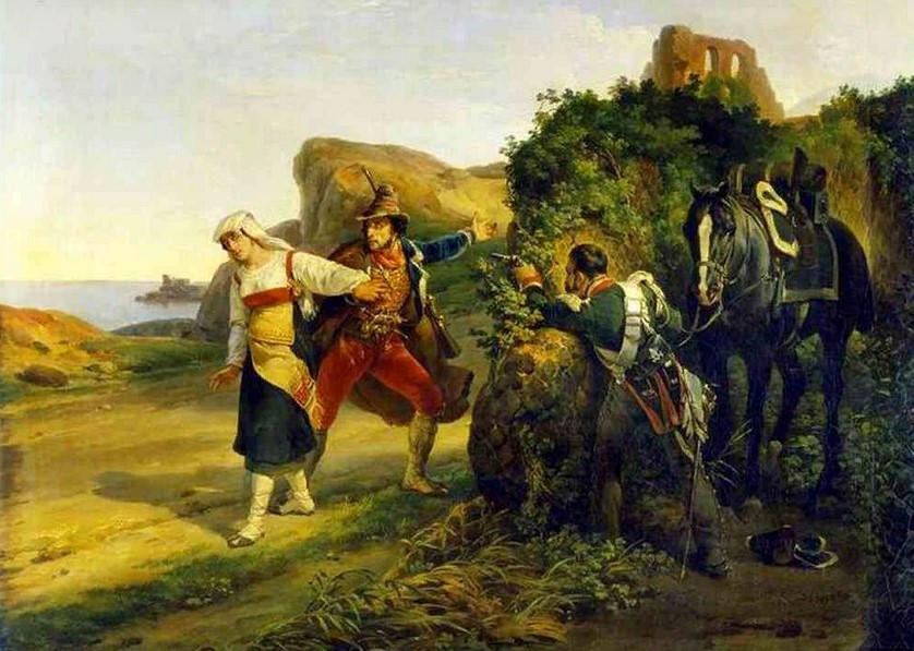 На картине изображена сцена &laquo;Преданный бандит&raquo; (фр. Le Brigand trahi) французского художника Ораса Верне 1828 год