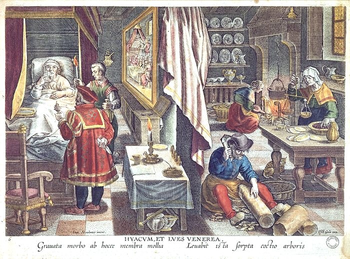 Лечение сифилиса гваяковым деревом. Ян ван дер Страат, XVI век &mdash; изображение медицинских практик эпохи Возрождения