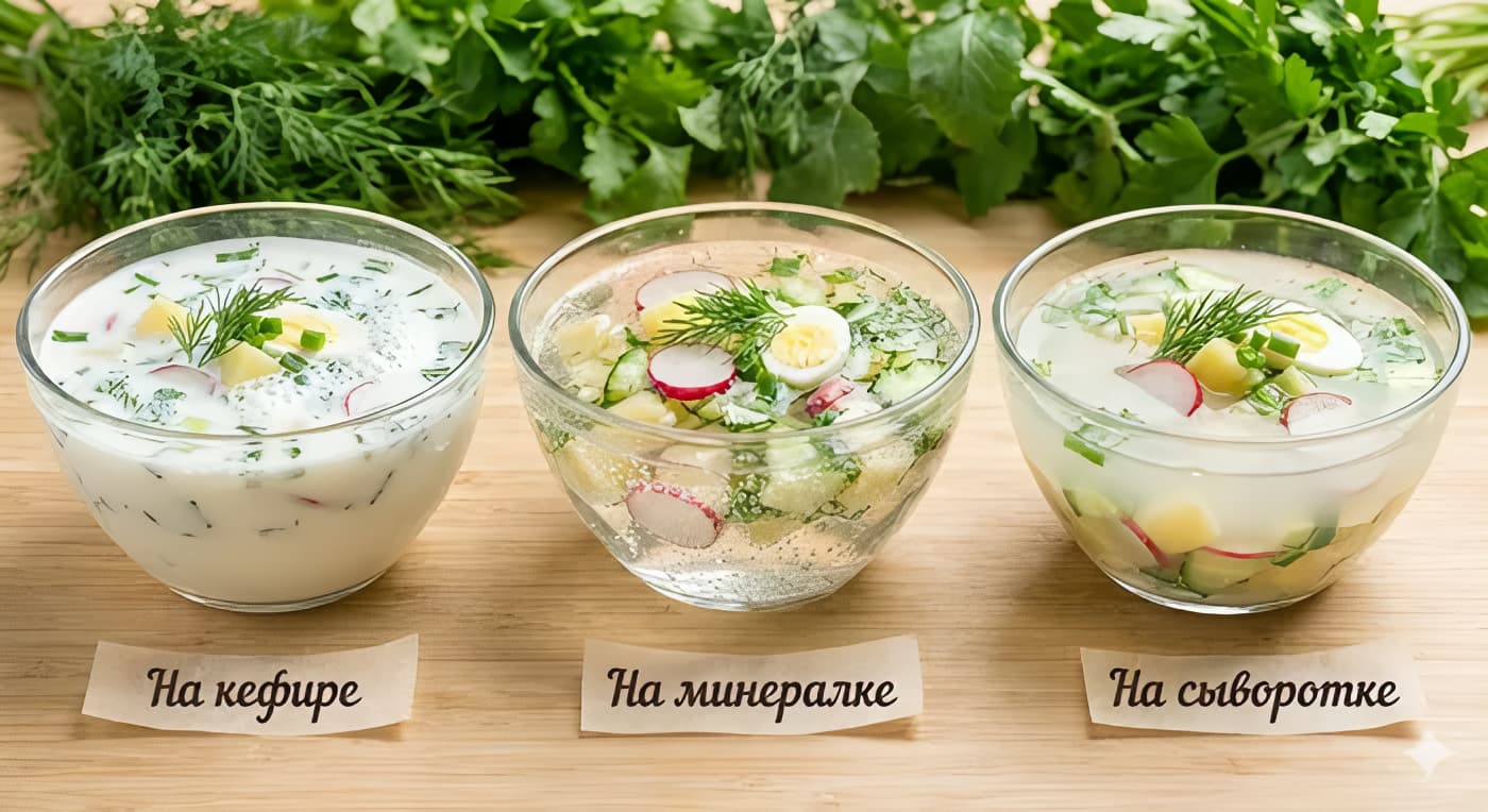 Несколько тарелок с разными вариантами окрошки &mdash; на квасе, на кефире и минералке