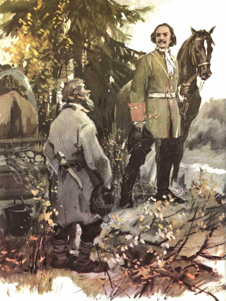 Пётр I и мужик, иллюстрация Никифора Ращектаева, 1950-е годы