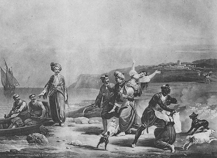 Алжирские пираты похищают девушку &mdash; гравюра мастера Хонеггера, начало XIX века