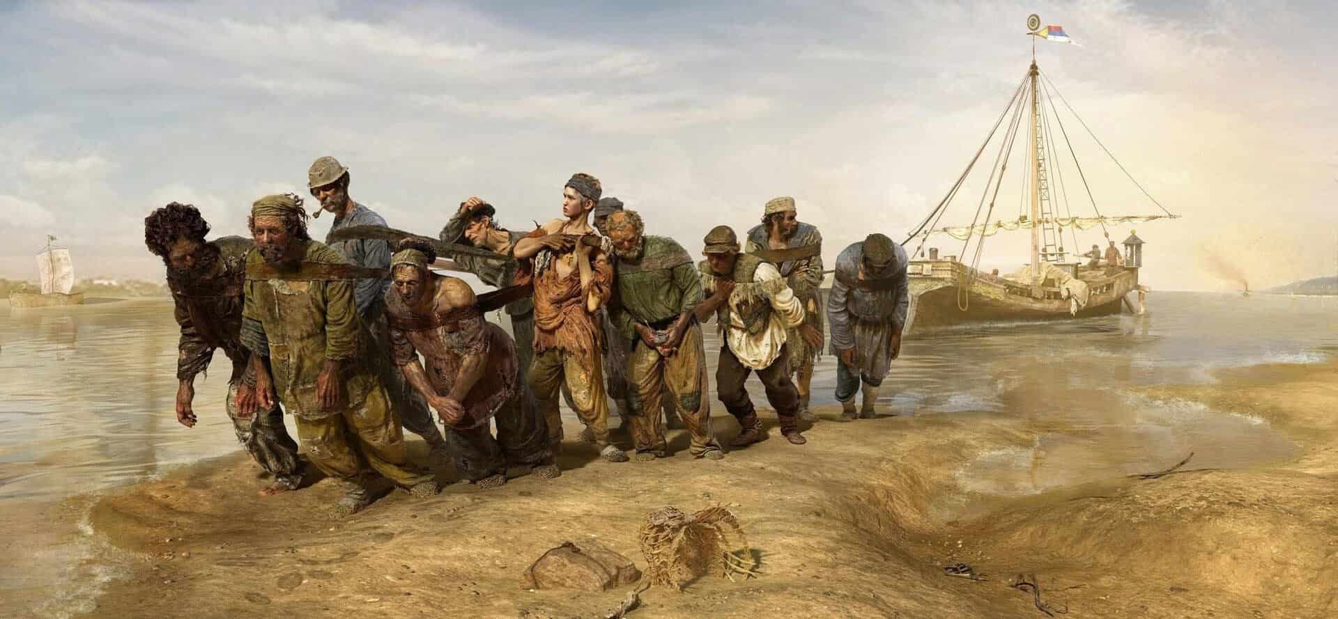 Картина Ильи Репина &laquo;Бурлаки на Волге&raquo;, 1873 год &mdash; группа мужчин тянет баржу вдоль берега реки
