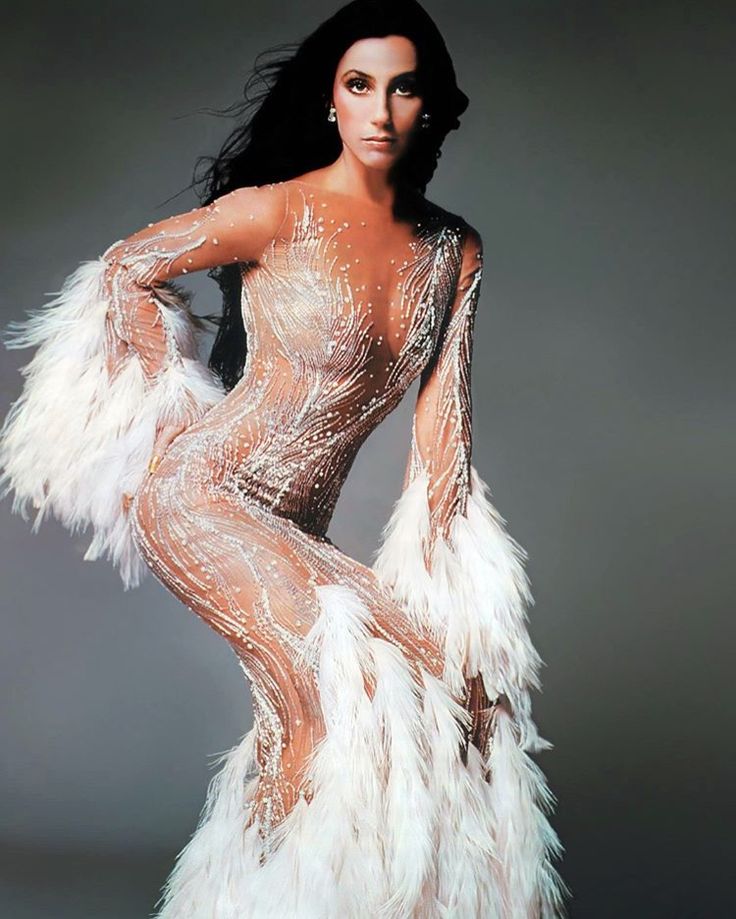 Шер на Met Gala 1974 в прозрачном платье от Боба Макки с перьями
