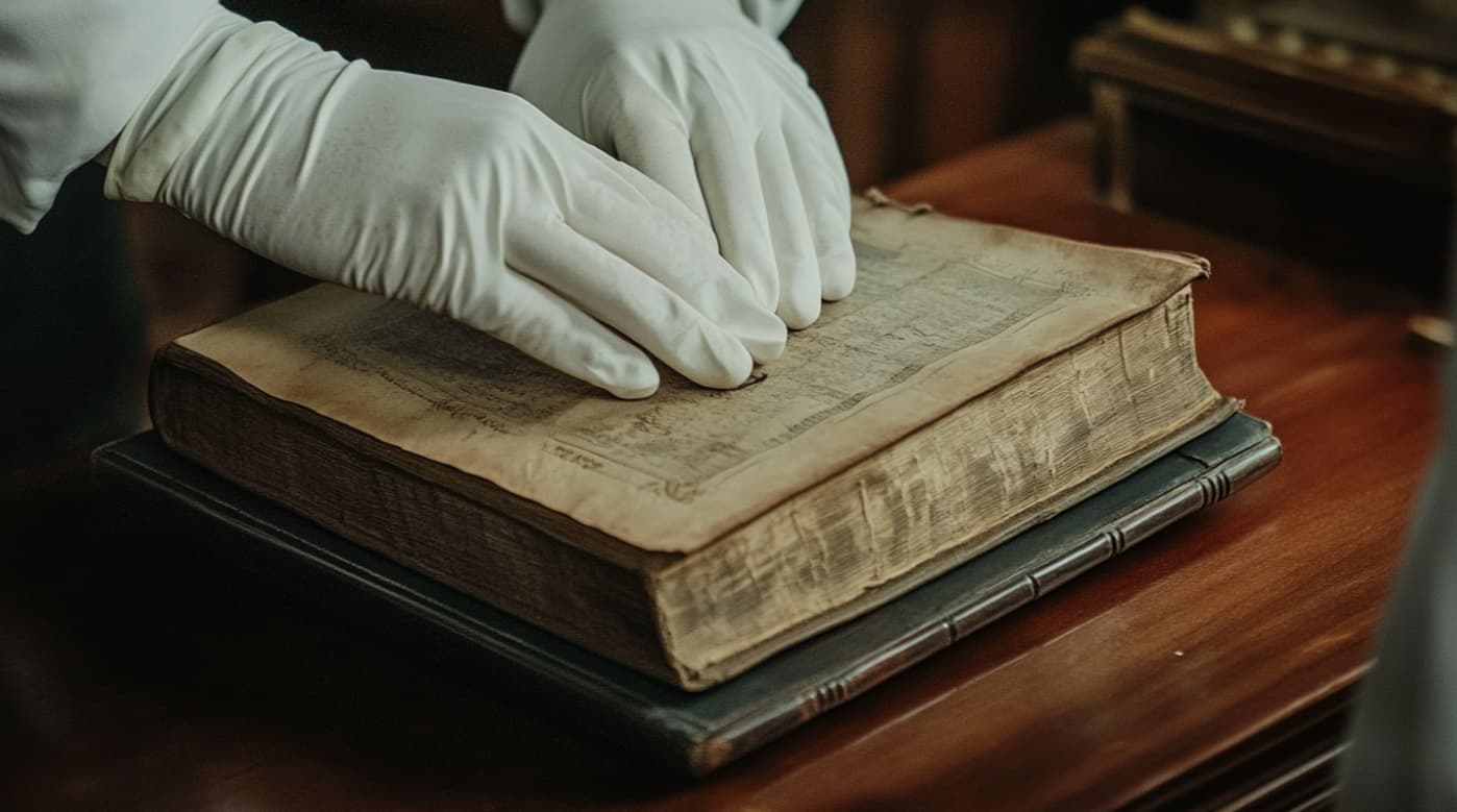 библиотекарь в перчатках работает с редкими историческими книгами