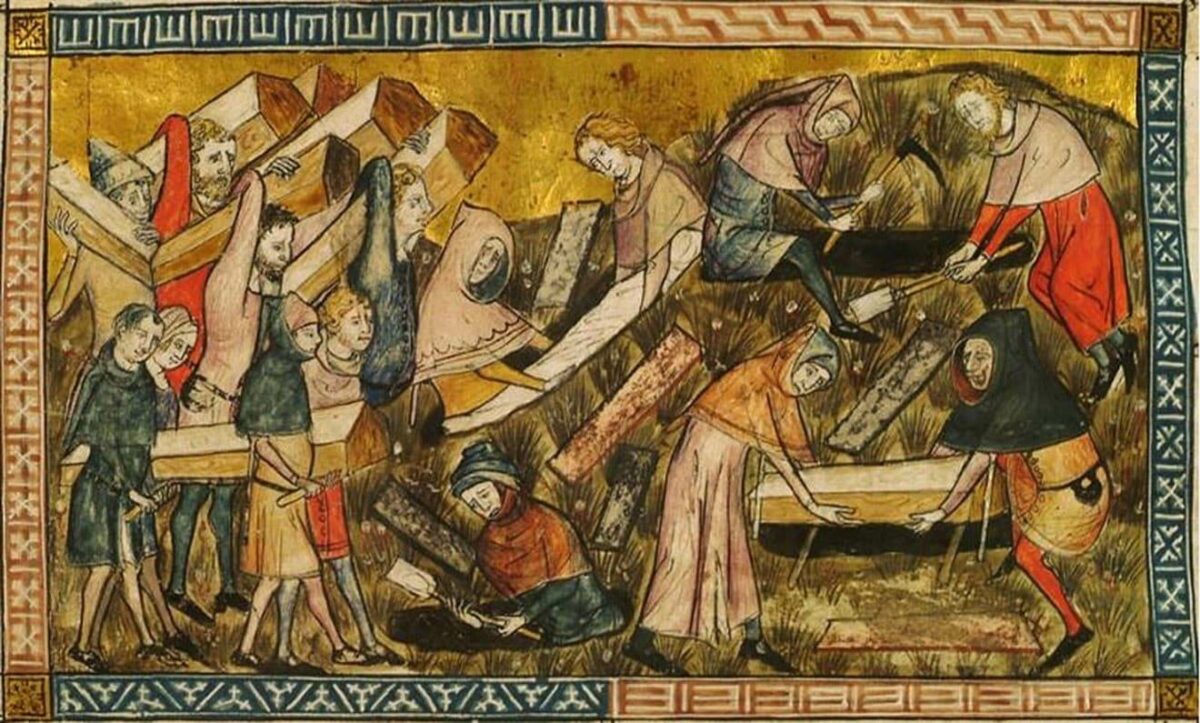 Похороны жертв чумы &mdash; иллюстрация из рукописи XIV века, Западная Европа