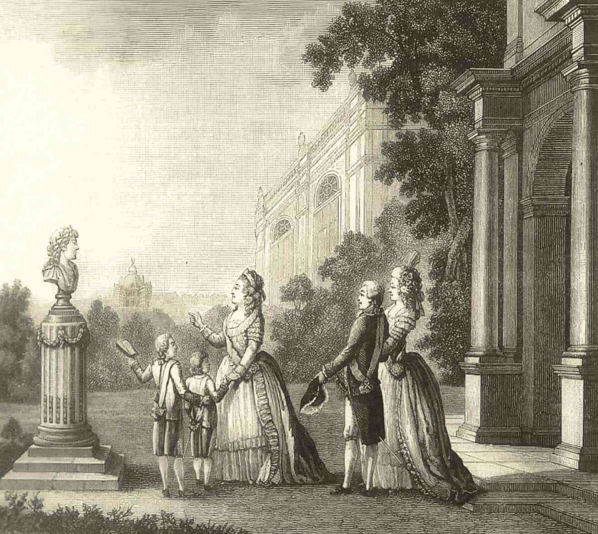 Екатерина II с семьёй в Царском Селе, гравюра Д. Бергера, 1791 год