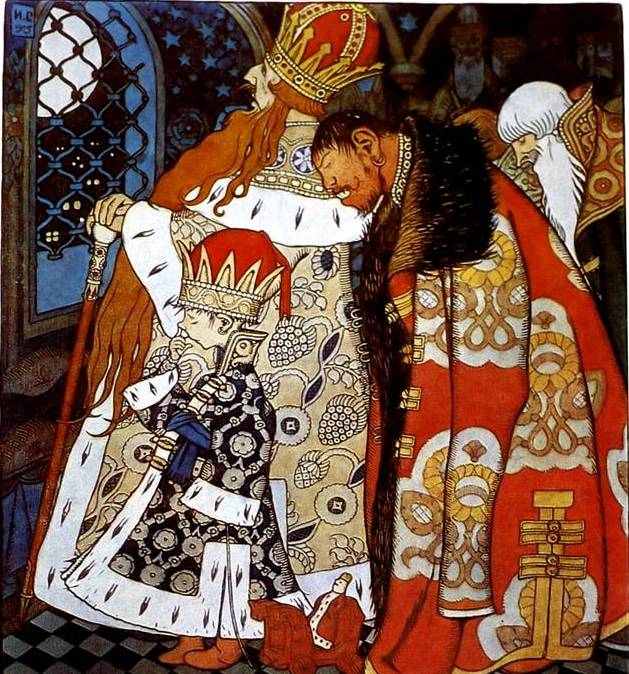 Царь Горох с сыном и придворными, Иван Билибин, обложка журнала Жупел, 1905 год