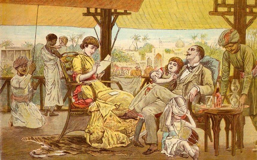 Рождество в Индии, открытка 1861 года с семьёй британского офицера и индийскими слугами